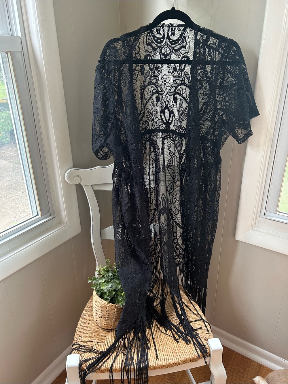 Black Lace Fringe Kimono Cover-Up by